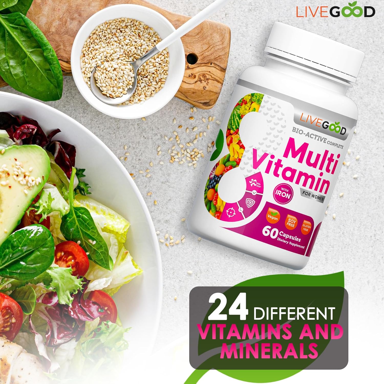 Women's Bio-Active Complete Multivitamin with Iron, Vitamin A, B12, C, E, Lycopene - Vegan Formula - 60 Capsules by LIVEGOOD™