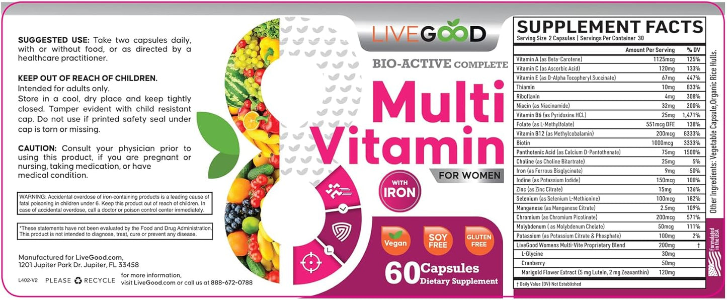 Women's Bio-Active Complete Multivitamin with Iron, Vitamin A, B12, C, E, Lycopene - Vegan Formula - 60 Capsules by LIVEGOOD™