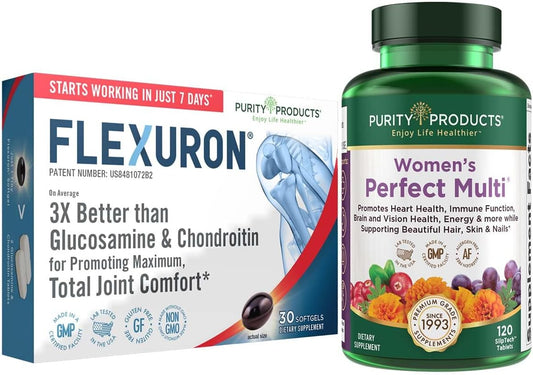Women's Bundle: Perfect Multi Multivitamin + Flexuron Joint Formula - Supports Urinary Tract, Immune, Bone Health - Krill Oil, Hyaluronic Acid - Purity Products