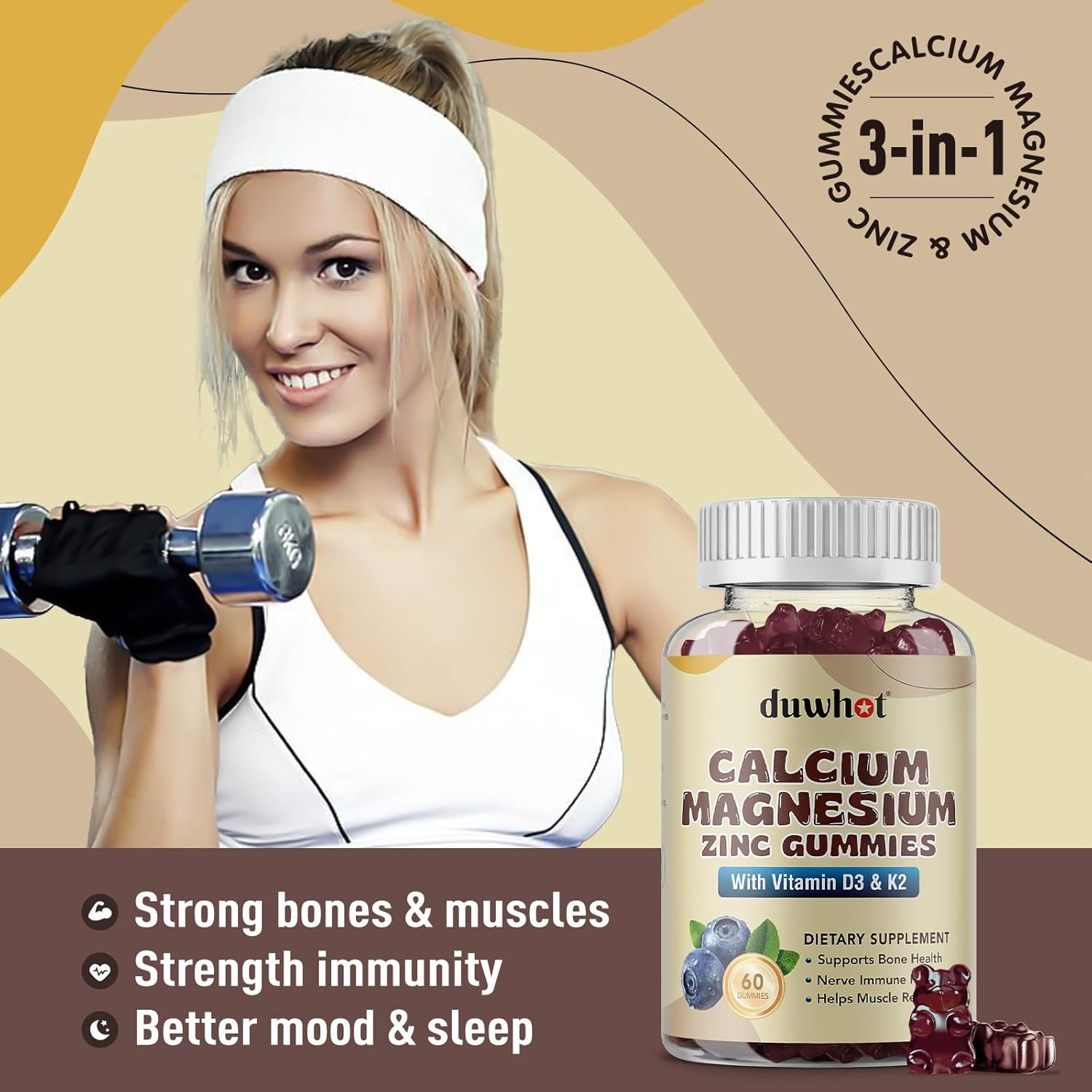 Women's Calcium Magnesium Zinc Gummies with Vitamin D3 & K2 - 1000mg Chewable Supplement for Bone Health, Muscle Function, & Immune Support - Blueberry Flavor - 120 Count