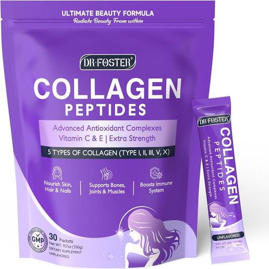 Women's Collagen Peptides Powder Packets - Type I II III V X Collagen with Antioxidant Blend, Vitamins C & E for Skin, Hair, Nails, Joints - Non-GMO - 30 Sticks