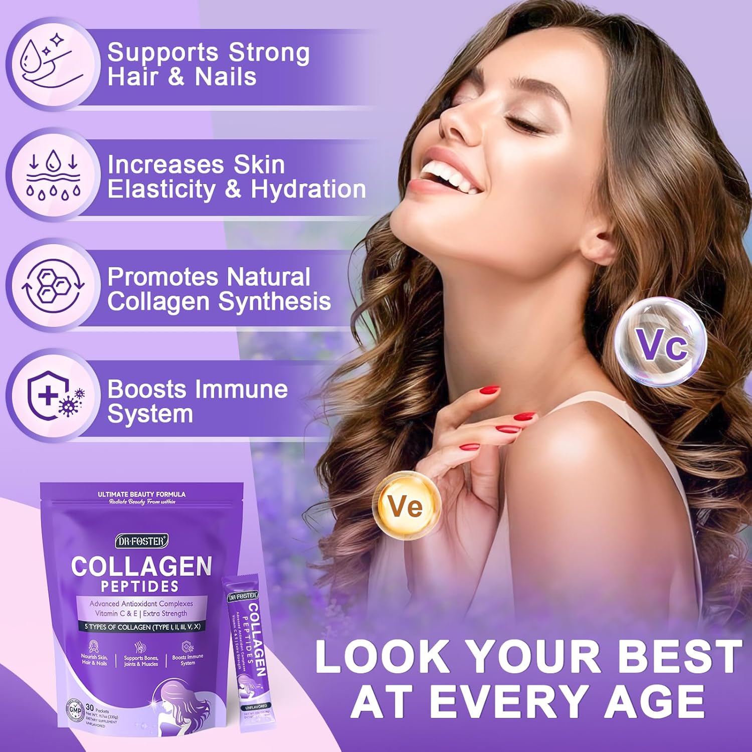 Women's Collagen Peptides Powder Packets - Type I II III V X Collagen with Antioxidant Blend, Vitamins C & E for Skin, Hair, Nails, Joints - Non-GMO - 30 Sticks