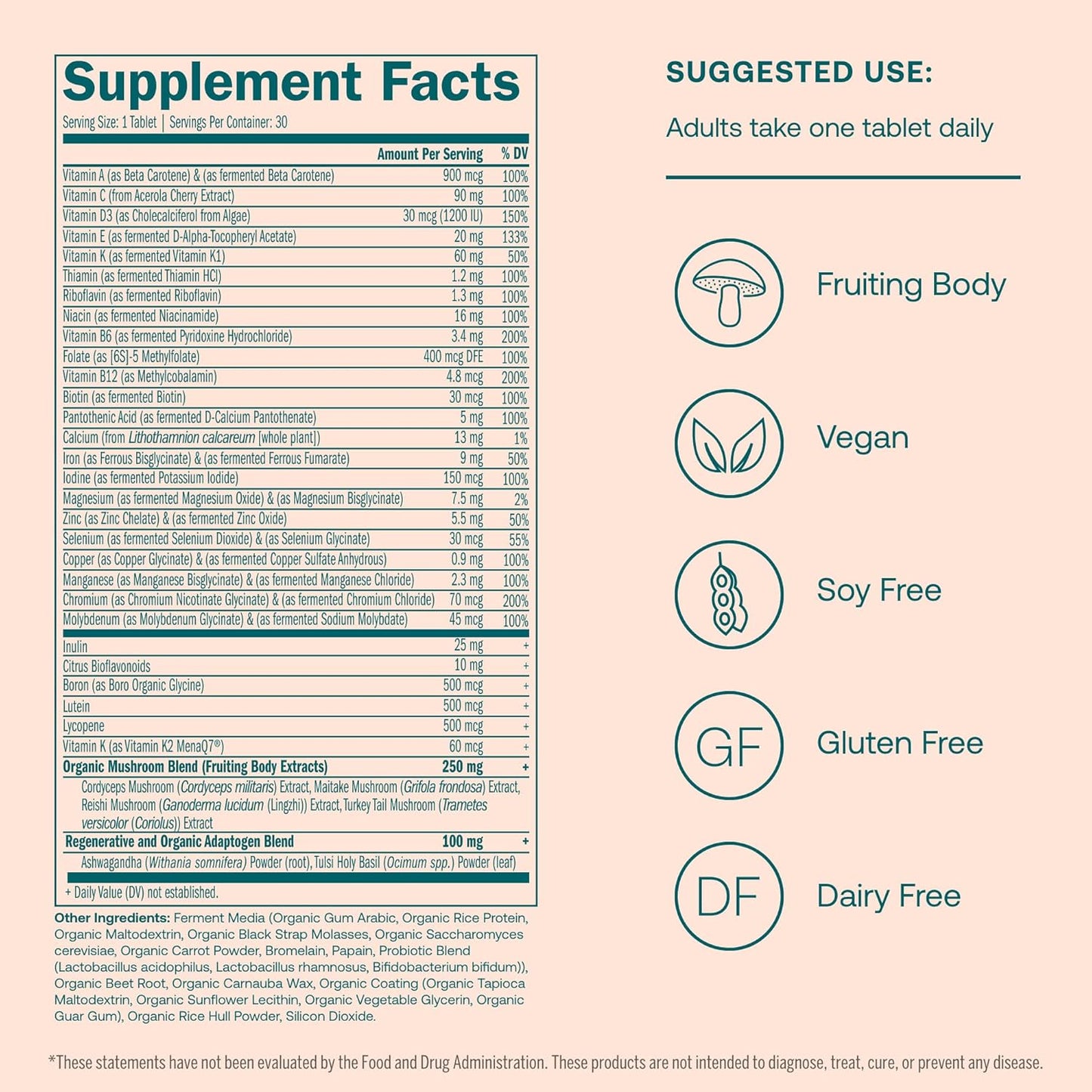 Women's Daily Multivitamin with Fermented Minerals, Organic Adaptogens, Mushrooms - Whole Body Balance, Immune Support, Energy Boost - Non-GMO, Gluten-Free, Soy-Free - 30 Vegan Tablets