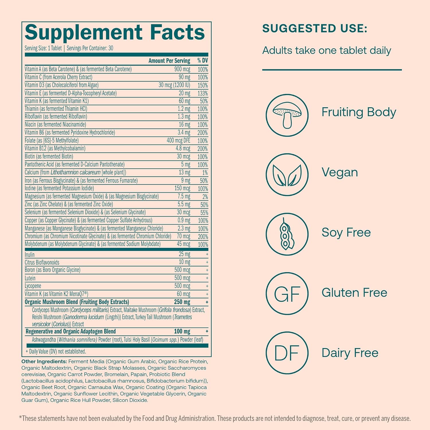 Women's Daily Multivitamin with Fermented Minerals, Organic Adaptogens, Mushrooms - Whole Body Balance, Immune Support, Energy Boost - Non-GMO, Gluten-Free, Soy-Free - 30 Vegan Tablets