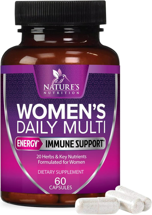Women's Daily Multivitamin with Vitamins A, C, D, E, B6, B12, Zinc, Calcium, Magnesium - Energy & Immune Support - Non-GMO, Gluten Free - 60 Capsules