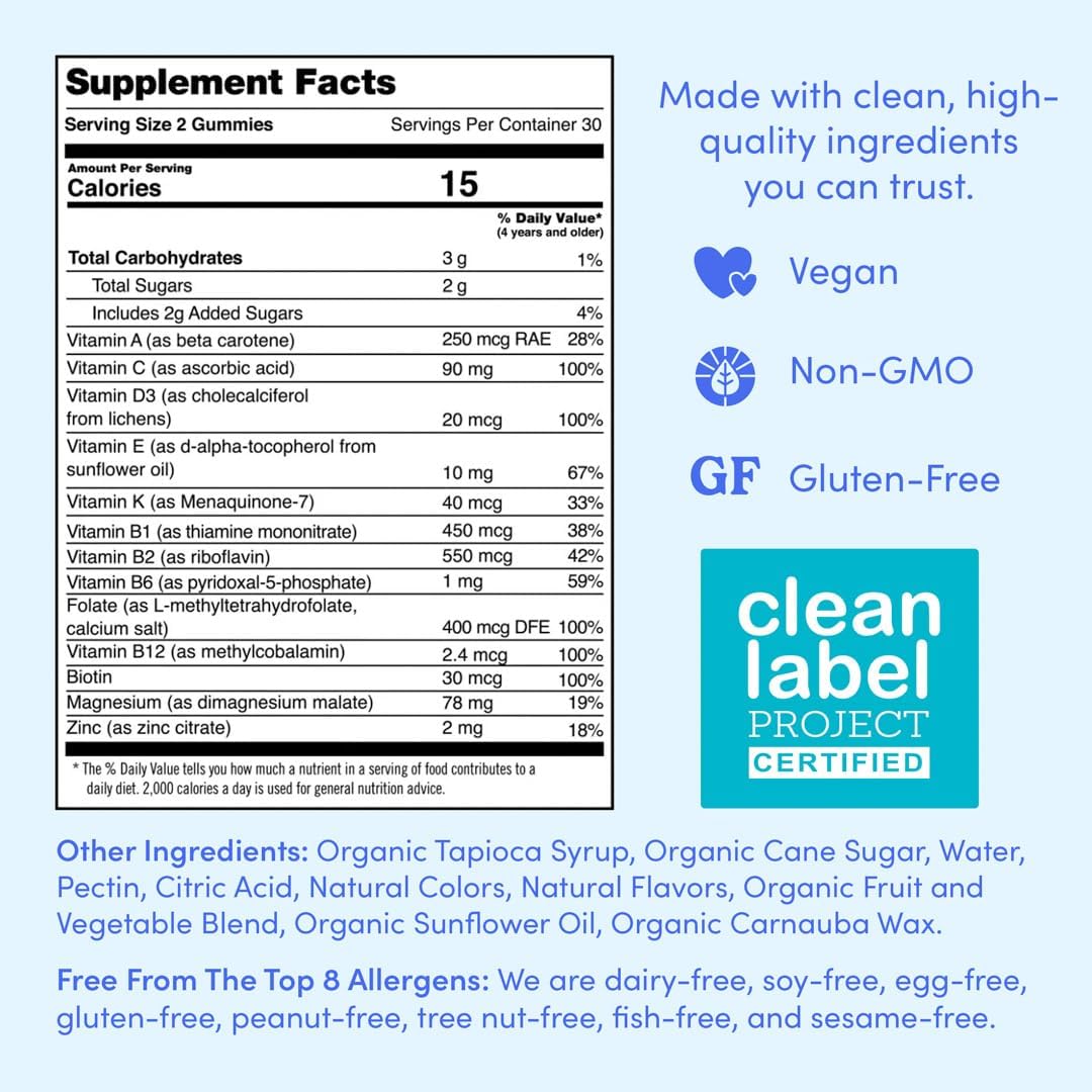 Women's Daily Supercharge Multivitamin Gummies with Methylfolate & Methylcobalamin B12, Vitamins A, B, C, D, E, K, Magnesium, Zinc, Biotin - 2g Sugar - 2 Pack, 60 Day Supply