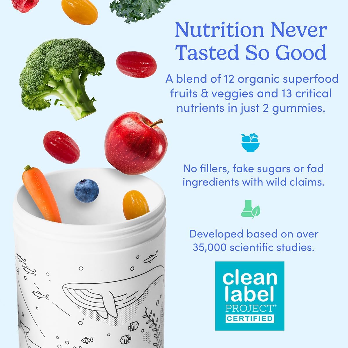 Women's Daily Supercharge Multivitamin Gummies with Organic Fruits & Veggies - Vitamins A, B, C, D, E, K, Magnesium, Zinc, Biotin - 2 Pack, 60 Day Supply