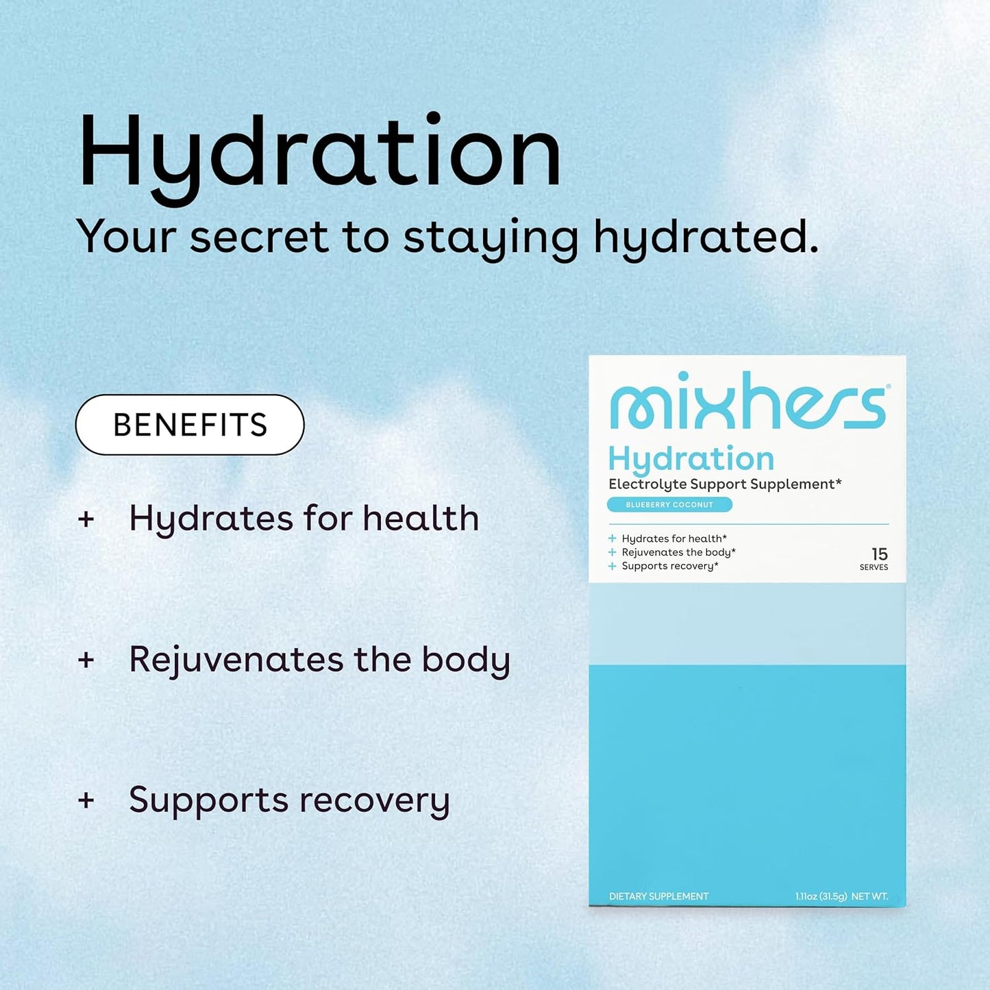 Women's Electrolyte Hydration Drink Mix - Energy & Mineral Support - Sodium, Calcium, No Sugar - 15 Blueberry Coconut Packets