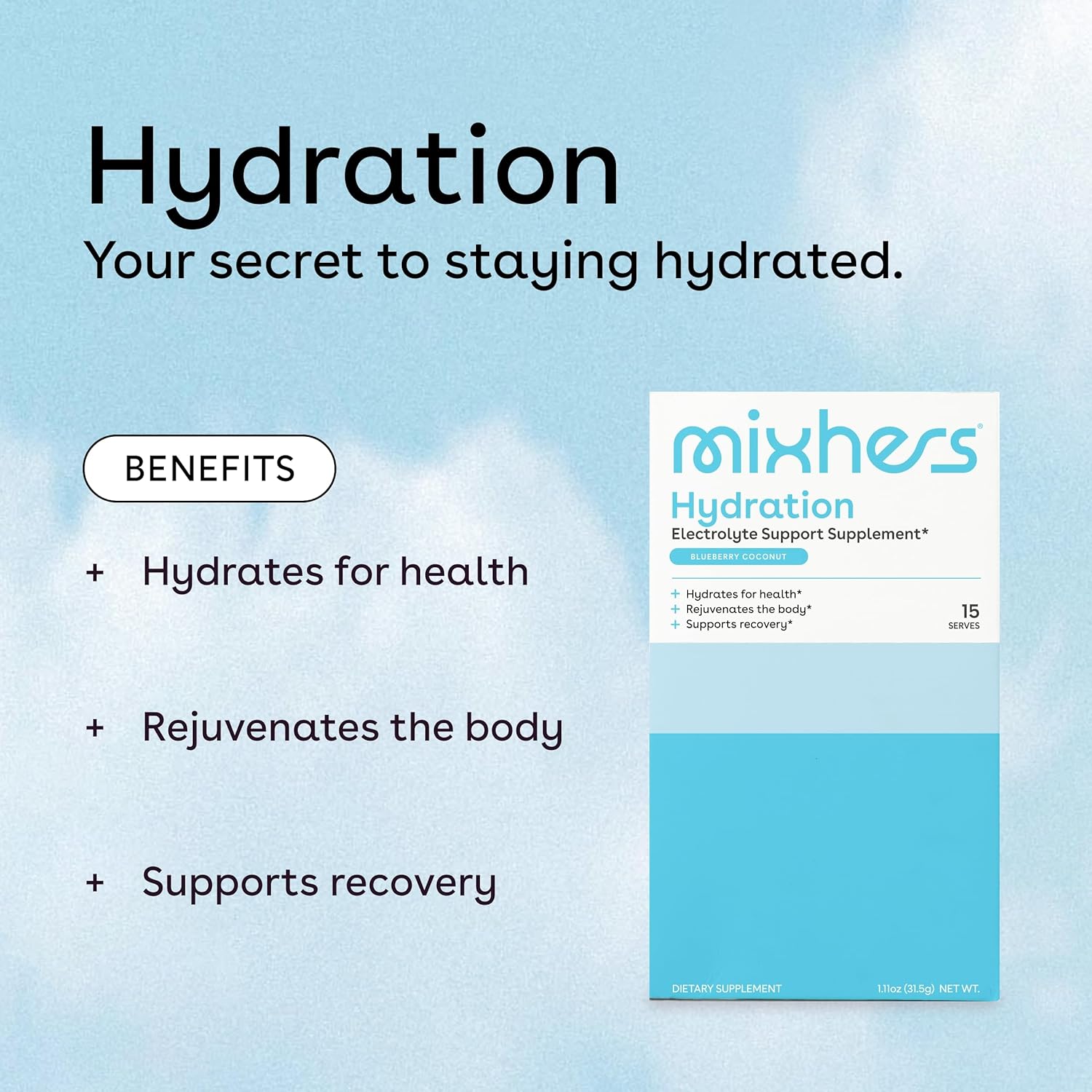 Women's Electrolyte Hydration Drink Mix - Energy & Mineral Support - Sodium, Calcium, No Sugar - 15 Blueberry Coconut Packets