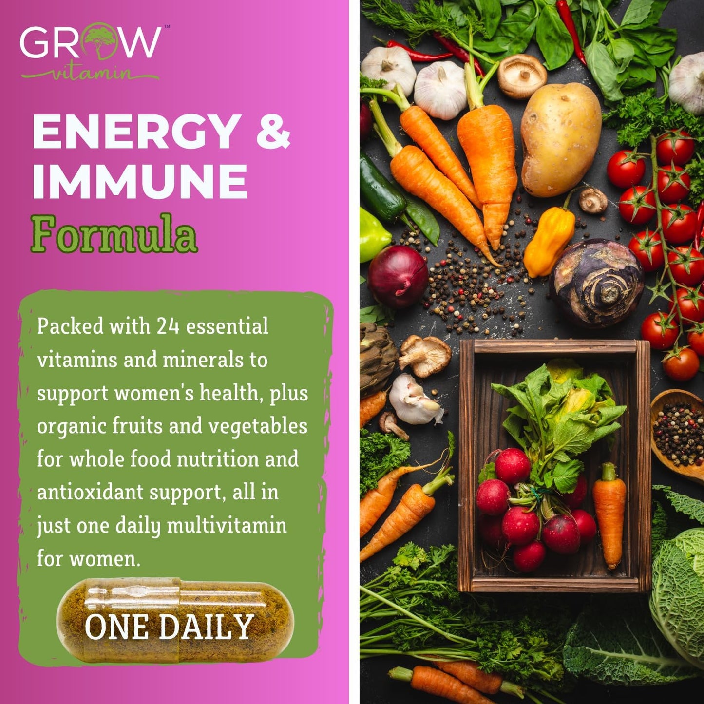 Women's Energy Support Whole Food Multivitamin with Hair, Skin, Nails Nourishment - Non-GMO, Gluten Free - 60 Capsules