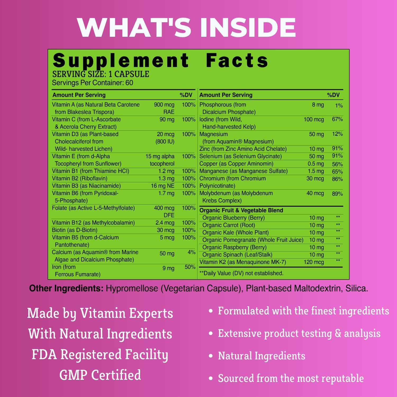 Women's Energy Support Whole Food Multivitamin with Hair, Skin, Nails Nourishment - Non-GMO, Gluten Free - 60 Capsules