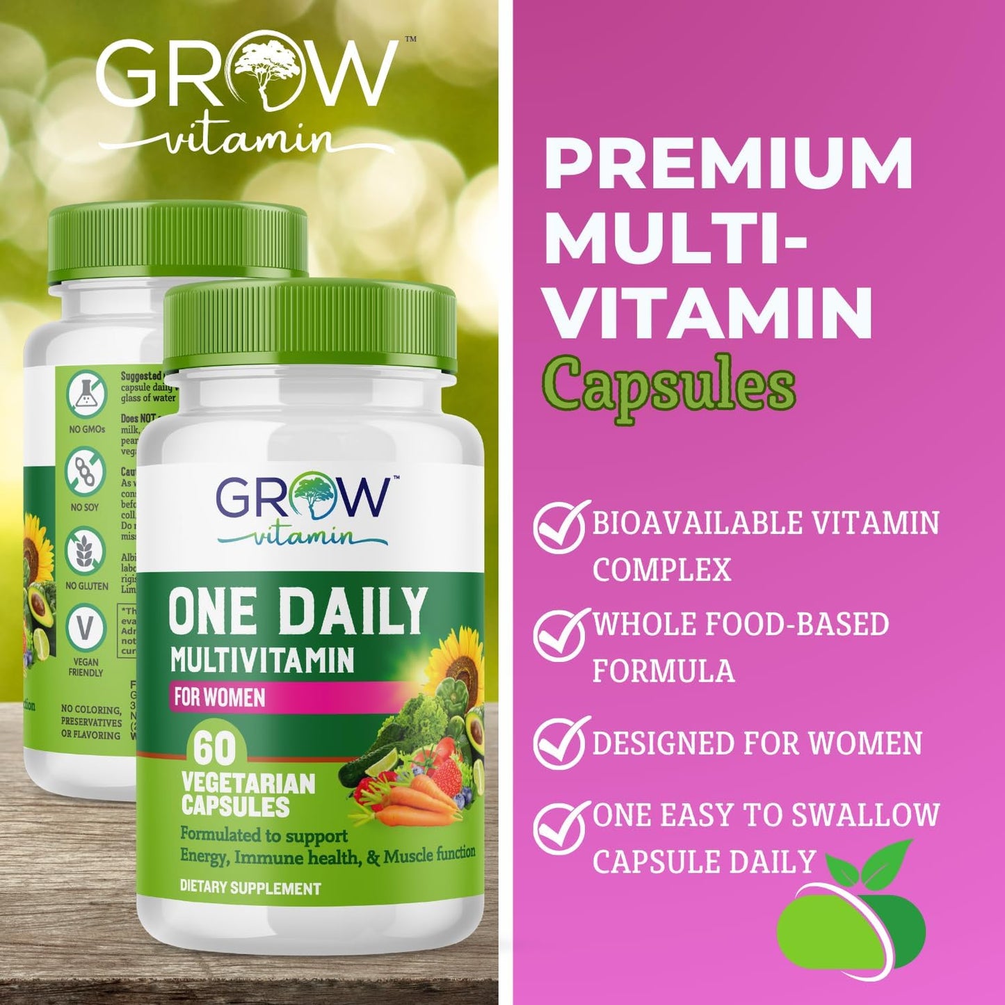 Women's Energy Support Whole Food Multivitamin with Hair, Skin, Nails Nourishment - Non-GMO, Gluten Free - 60 Capsules