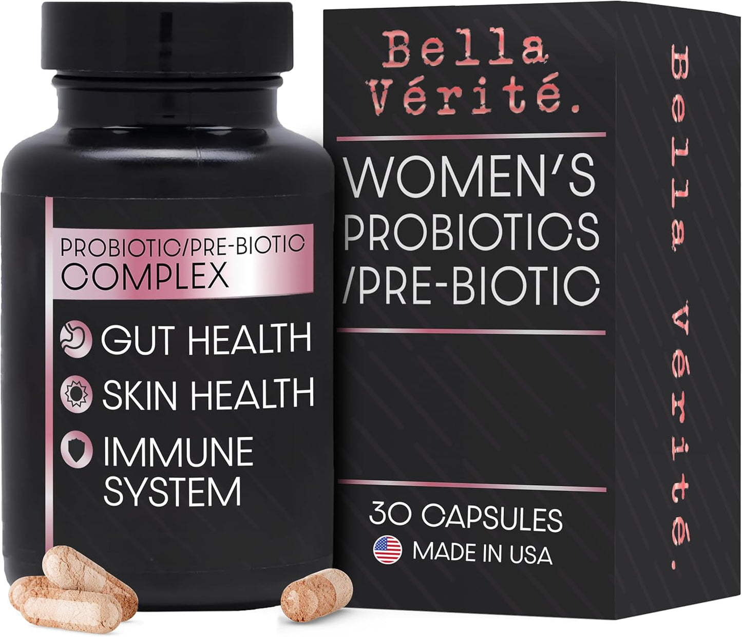 Women's Gut Health Probiotic Supplement - Bella Vérité Prebiotic & Probiotic Complex - 3.45 Billion CFU - Promotes Clear Skin - 30 Vegetarian Capsules