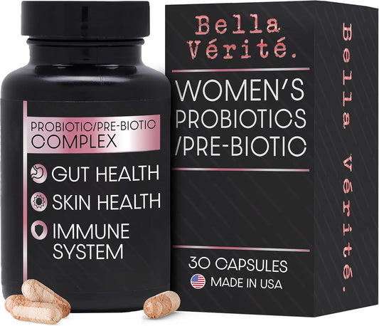 Women's Gut Health Probiotic Supplement - Bella Vérité Prebiotic & Probiotic Complex - 3.45 Billion CFU - Promotes Clear Skin - 30 Vegetarian Capsules