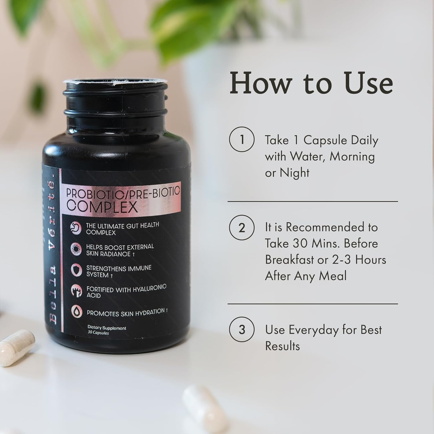 Women's Gut Health Probiotic Supplement - Bella Vérité Prebiotic & Probiotic Complex - 3.45 Billion CFU - Promotes Clear Skin - 30 Vegetarian Capsules