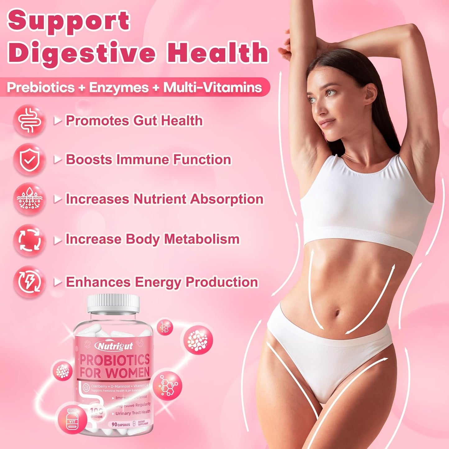 Women's Gut Health Probiotics: 100 Billion CFUs, Prebiotics, Digestive Enzymes, Vaginal Probiotics with Cranberry, D-Mannose, pH Balance - 85 Capsules