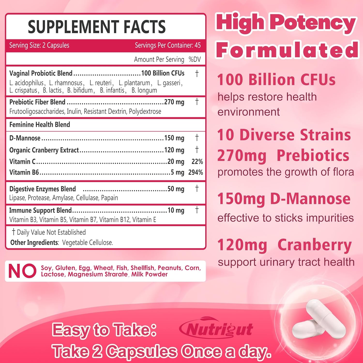 Women's Gut Health Probiotics: 100 Billion CFUs, Prebiotics, Digestive Enzymes, Vaginal Probiotics with Cranberry, D-Mannose, pH Balance - 85 Capsules