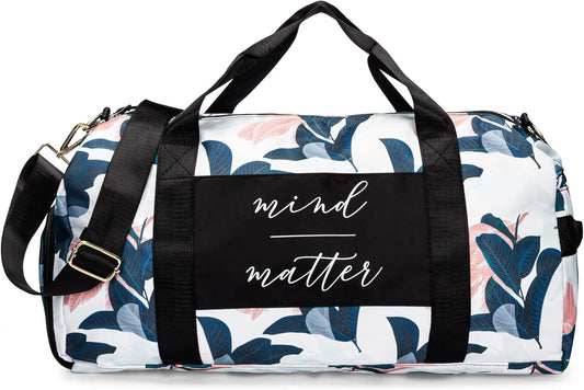 Women's Gym Duffle Bag with Shoe Compartment, Wet Pocket, Motivational Quote - White/Navy - Guava Leaf