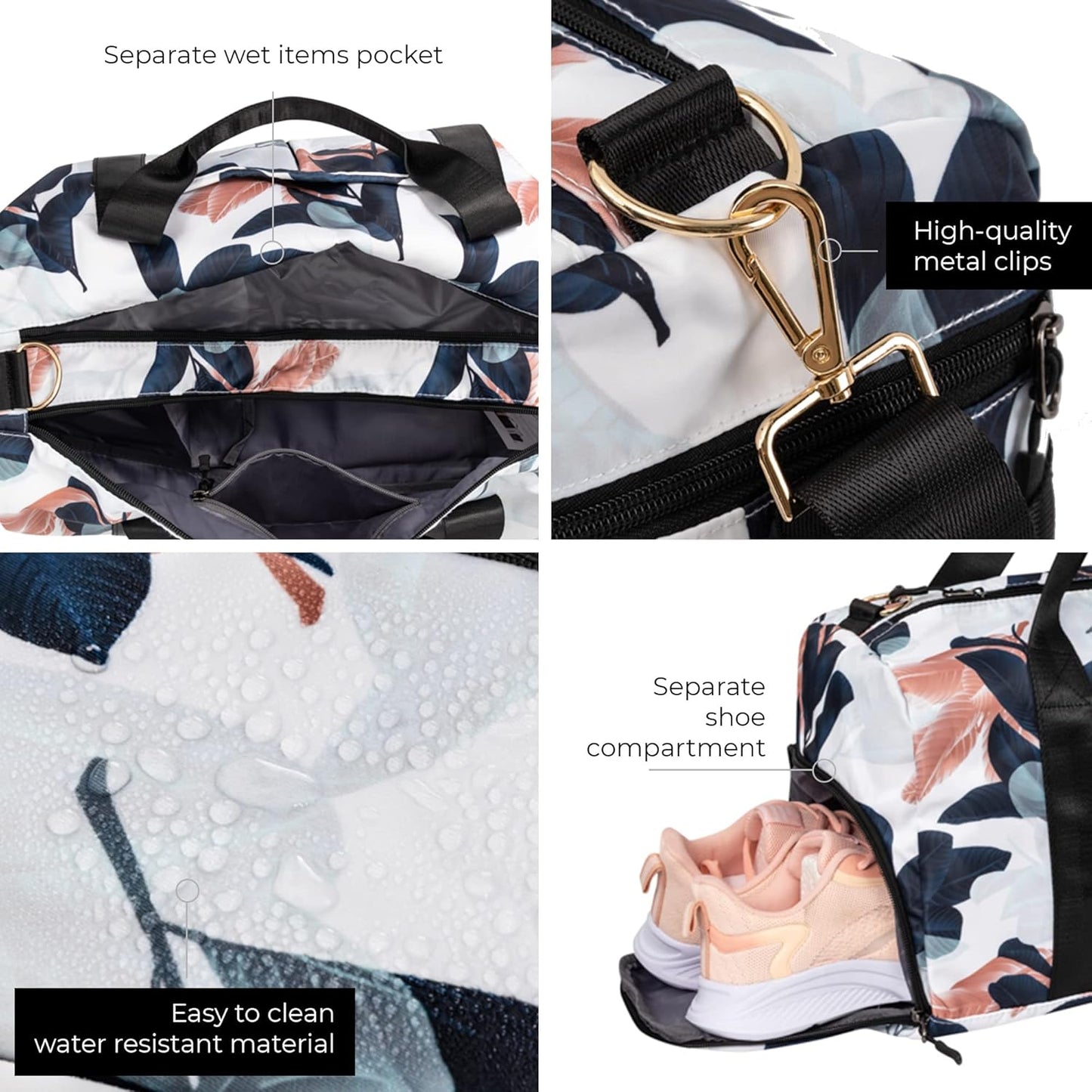 Women's Gym Duffle Bag with Shoe Compartment, Wet Pocket, Motivational Quote - White/Navy - Guava Leaf