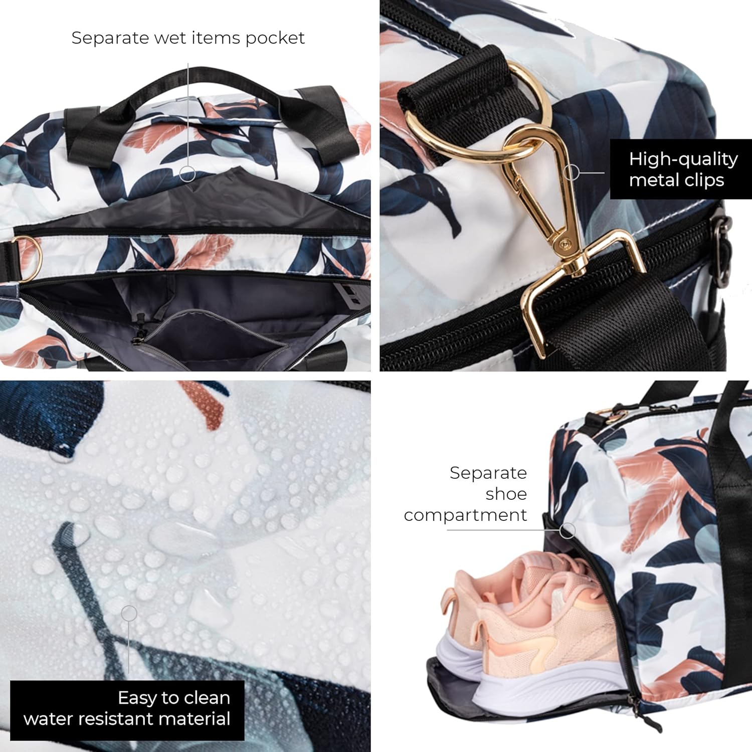 Women's Gym Duffle Bag with Shoe Compartment, Wet Pocket, Motivational Quote - White/Navy - Guava Leaf