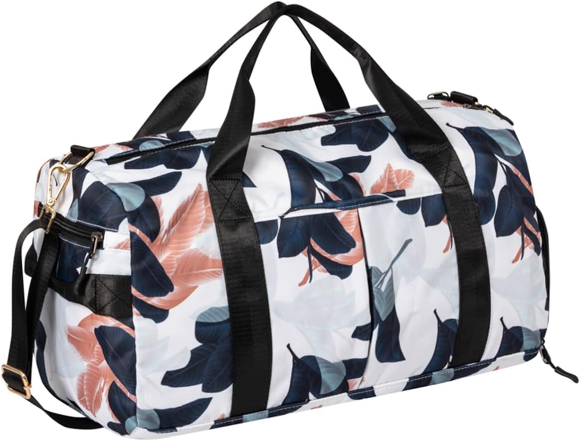 Women's Gym Duffle Bag with Shoe Compartment, Wet Pocket, Motivational Quote - White/Navy - Guava Leaf