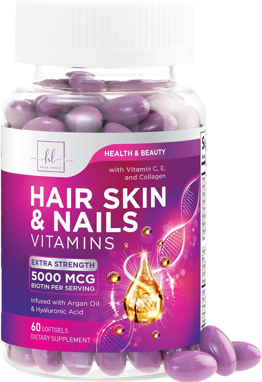 Women's Hair Growth Support Supplement with Biotin 5000mcg, Argan Oil, Collagen & Hyaluronic Acid - Hair, Skin & Nails Health - 60 Softgels