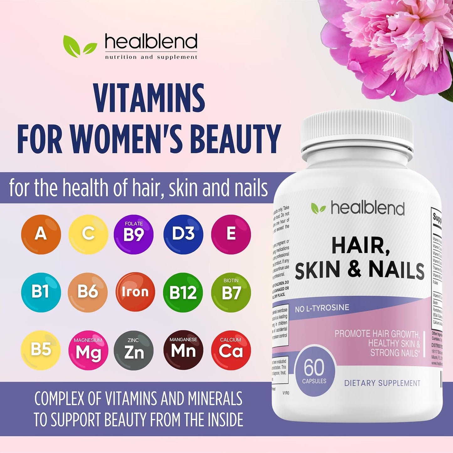 Women's Hair Skin and Nails Vitamins with Biotin 5000 mcg, Iron, and Manganese | Vegan & Non-GMO | 60 Capsules by healblend