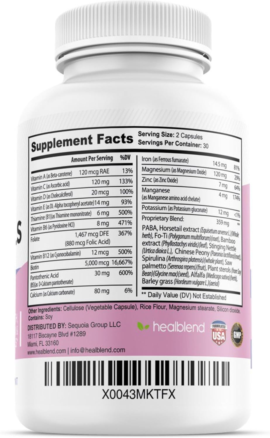 Women's Hair Skin and Nails Vitamins with Biotin 5000 mcg, Iron, and Manganese | Vegan & Non-GMO | 60 Capsules by healblend