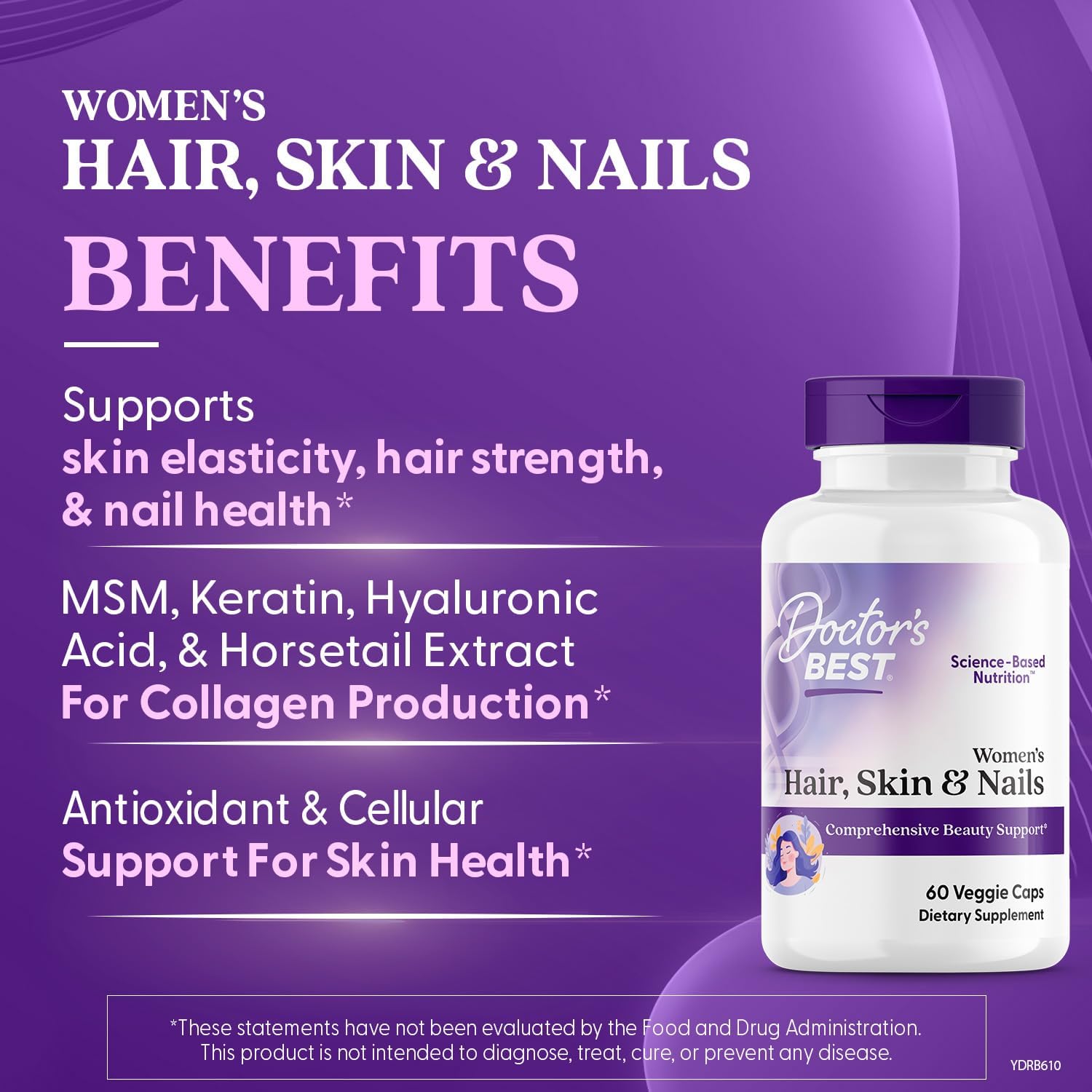 Women's Hair, Skin & Nails Supplement for Beauty Support - Non-GMO, Gluten Free Veggie Capsules - 60 Count