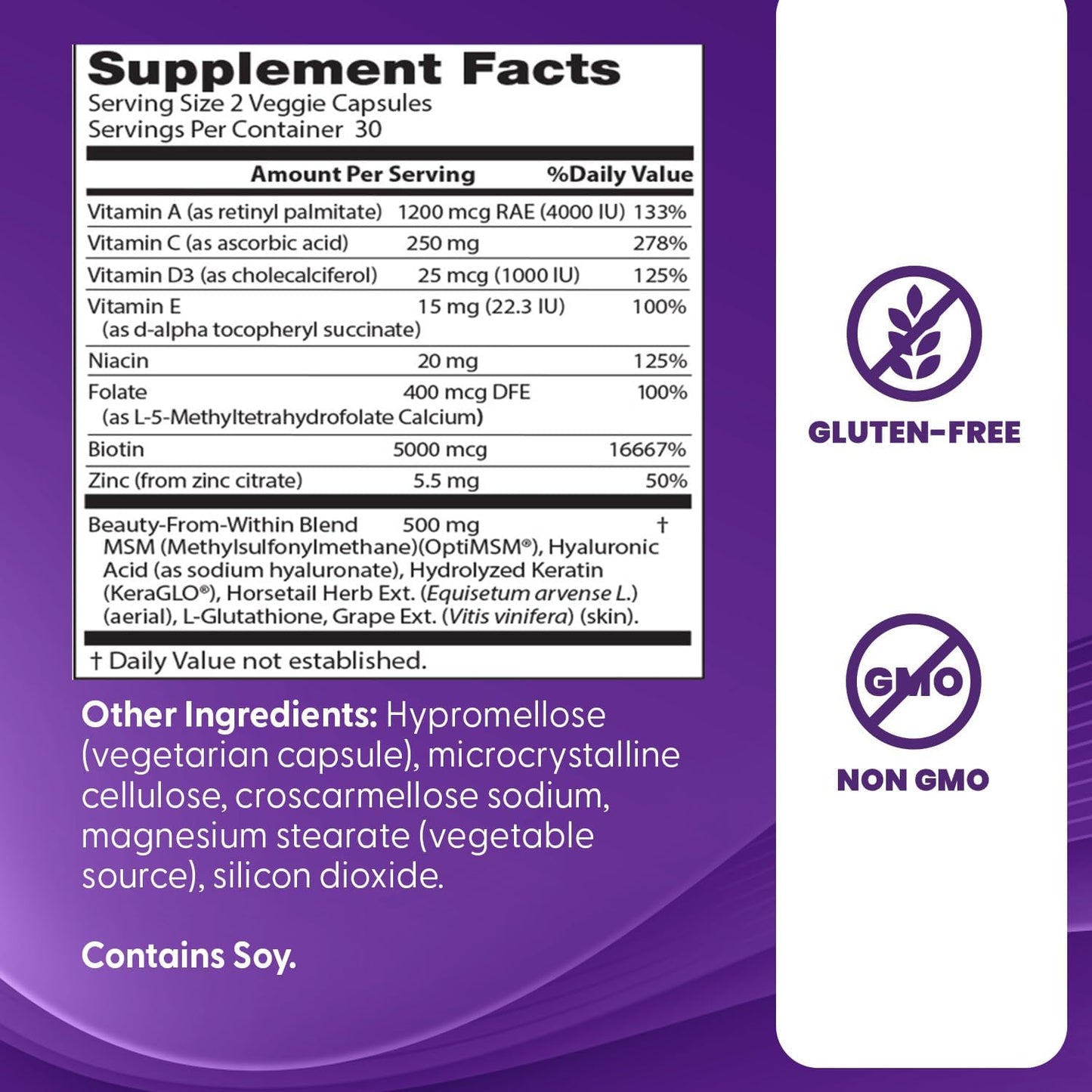 Women's Hair, Skin & Nails Supplement for Beauty Support - Non-GMO, Gluten Free Veggie Capsules - 60 Count