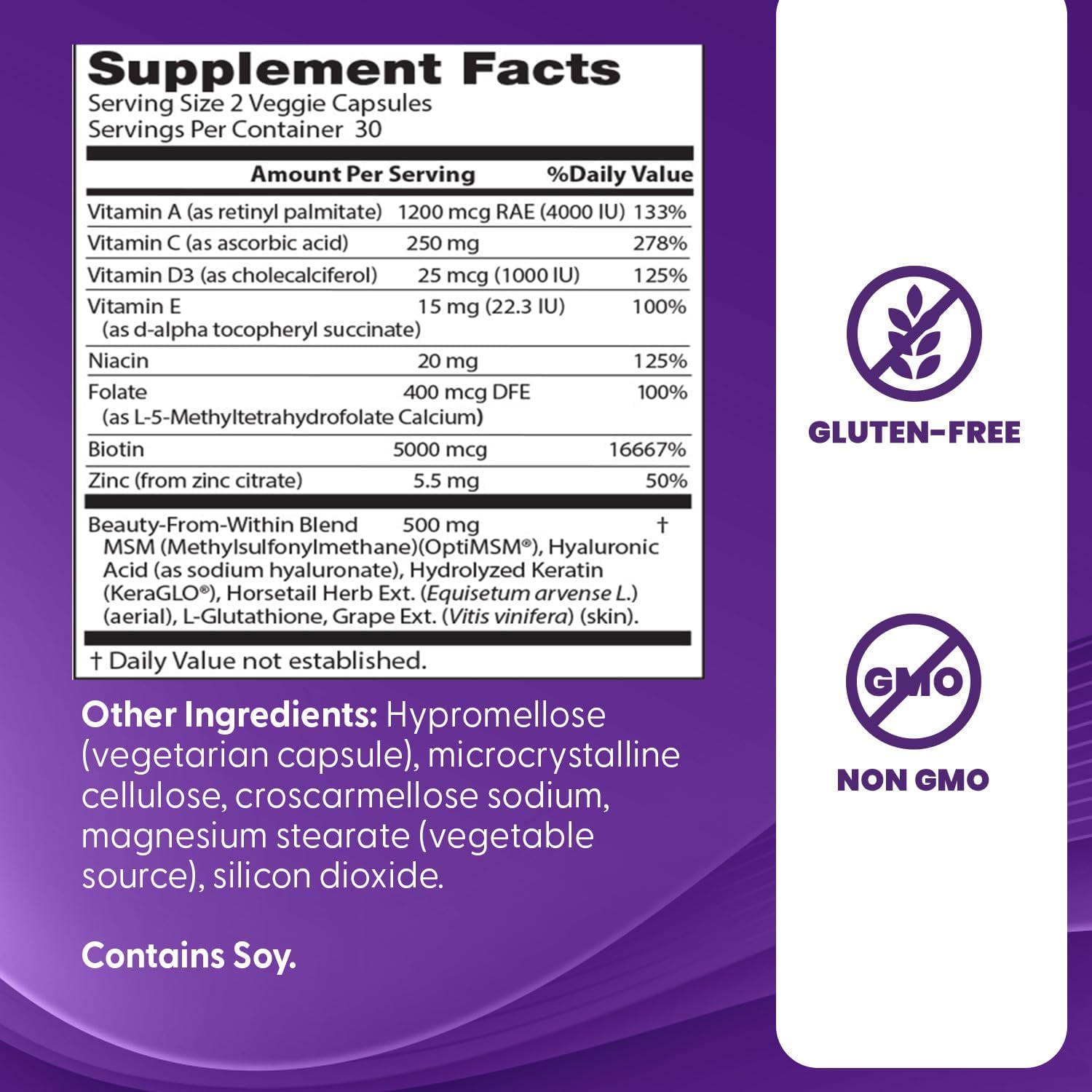 Women's Hair, Skin & Nails Supplement for Beauty Support - Non-GMO, Gluten Free Veggie Capsules - 60 Count