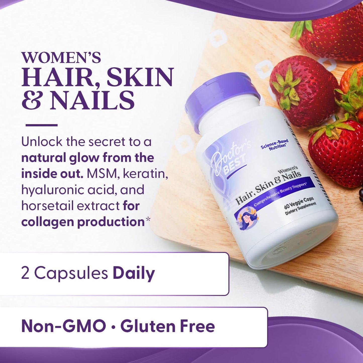 Women's Hair, Skin & Nails Supplement for Beauty Support - Non-GMO, Gluten Free Veggie Capsules - 60 Count