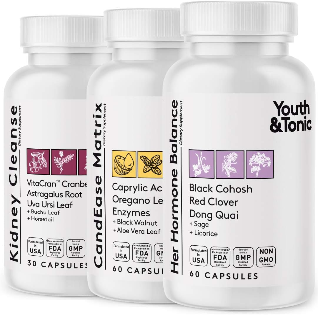 Women's Hormone Balance & Digestive Support Bundle - Youth & Tonic, CandEase Matrix, Kidney Cleanse | Female Hormonal & Digestive Imbalance Relief
