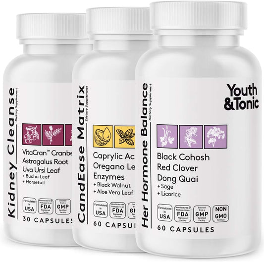 Women's Hormone Balance & Digestive Support Bundle - Youth & Tonic, CandEase Matrix, Kidney Cleanse | Female Hormonal & Digestive Imbalance Relief