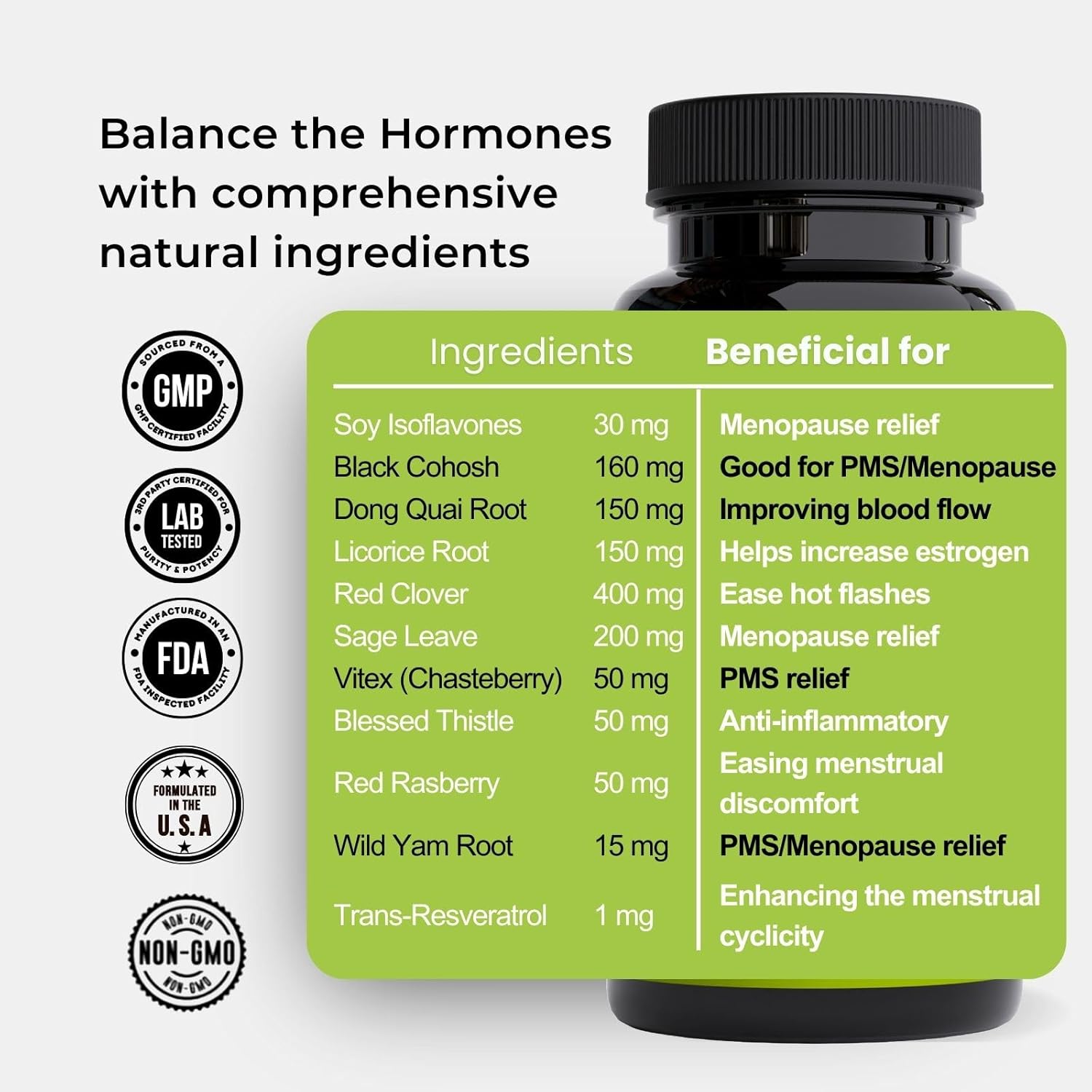 Women's Hormone Balance Support Supplement with Black Cohosh, Vitex Berry & Dong Quai - 30 Servings