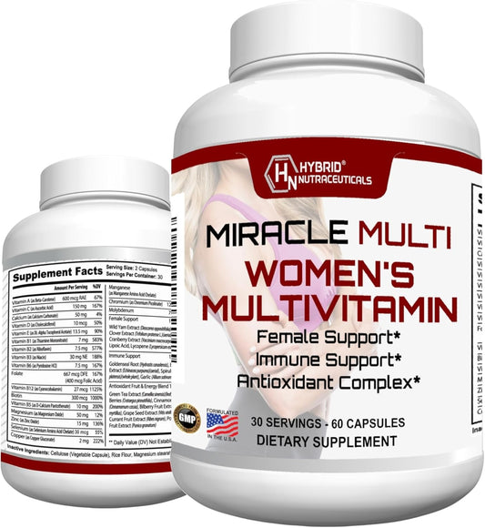Women's Hybrid Nutraceuticals MiracleMulti Multivitamin - Immune & Female Support with Minerals, Biotin, Antioxidants, Superfoods - 60 Capsules