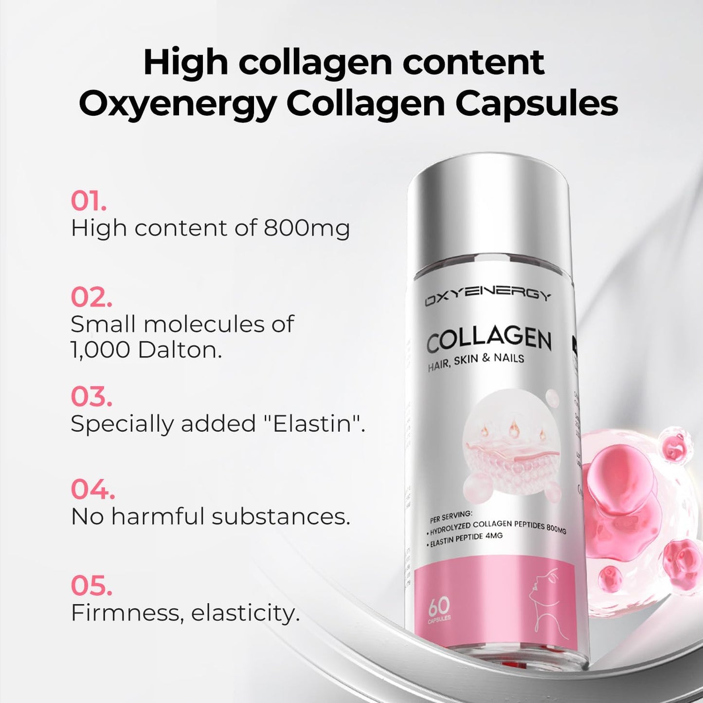 Women's Hydrolyzed Collagen Capsules with Elastin Peptides, 800mg - Promotes Hair, Skin, Nails - 60 Pills