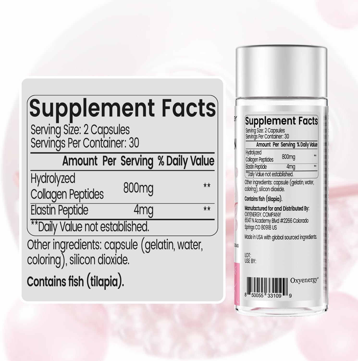 Women's Hydrolyzed Collagen Capsules with Elastin Peptides, 800mg - Promotes Hair, Skin, Nails - 60 Pills
