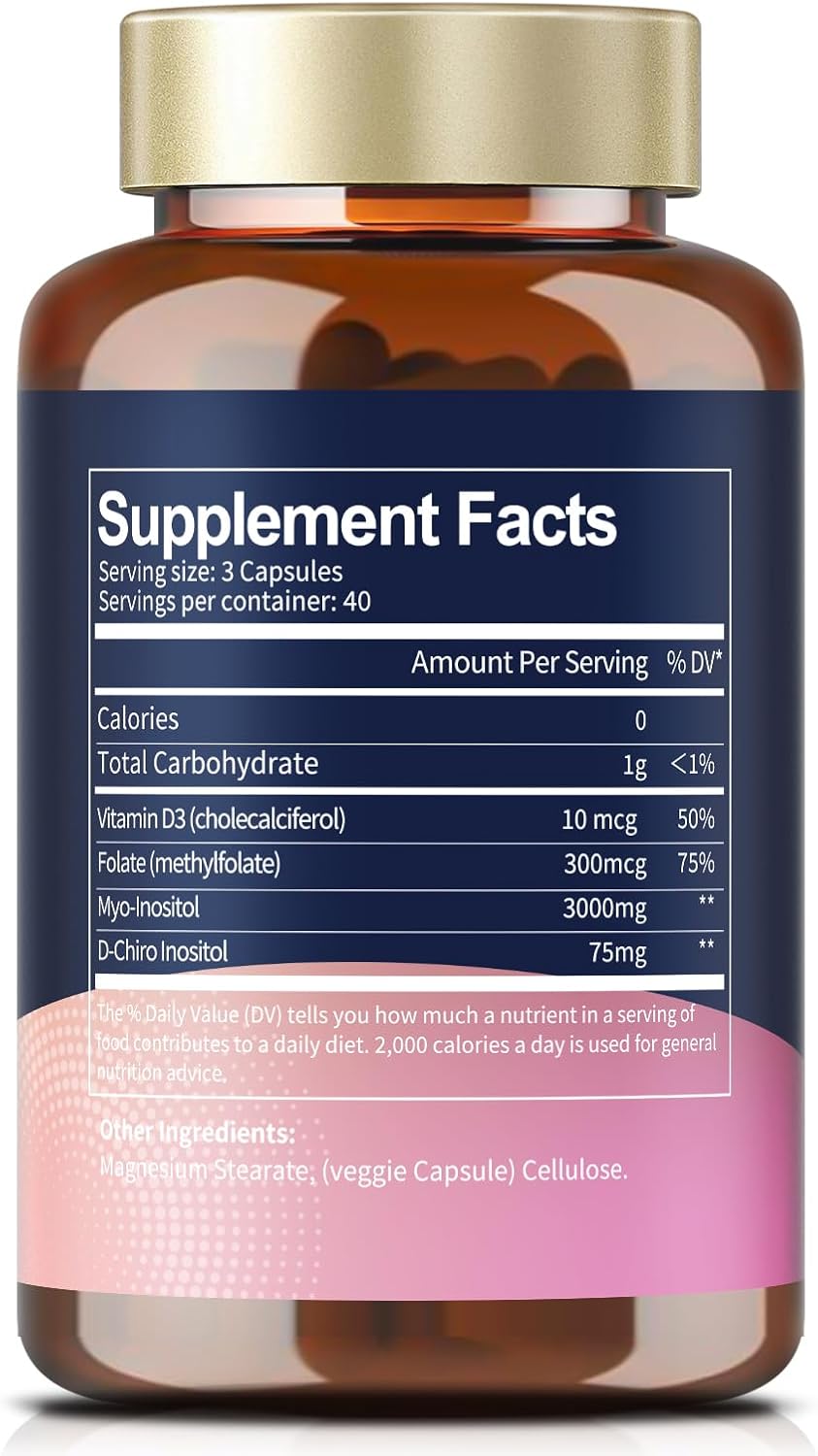 Women's Inositol Supplement with Vitamin D3, Folate, 40:1 Ratio Myo-Inositol & D-Chiro Inositol Complex, Inositol Capsules - Pack of 2