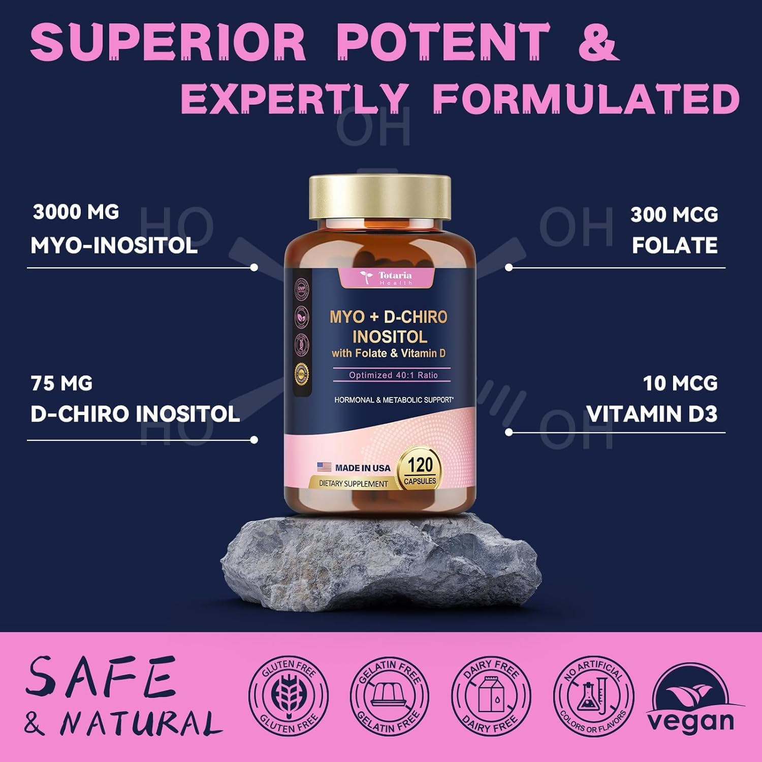 Women's Inositol Supplement with Vitamin D3, Folate, 40:1 Ratio Myo-Inositol & D-Chiro Inositol Complex, Inositol Capsules - Pack of 2
