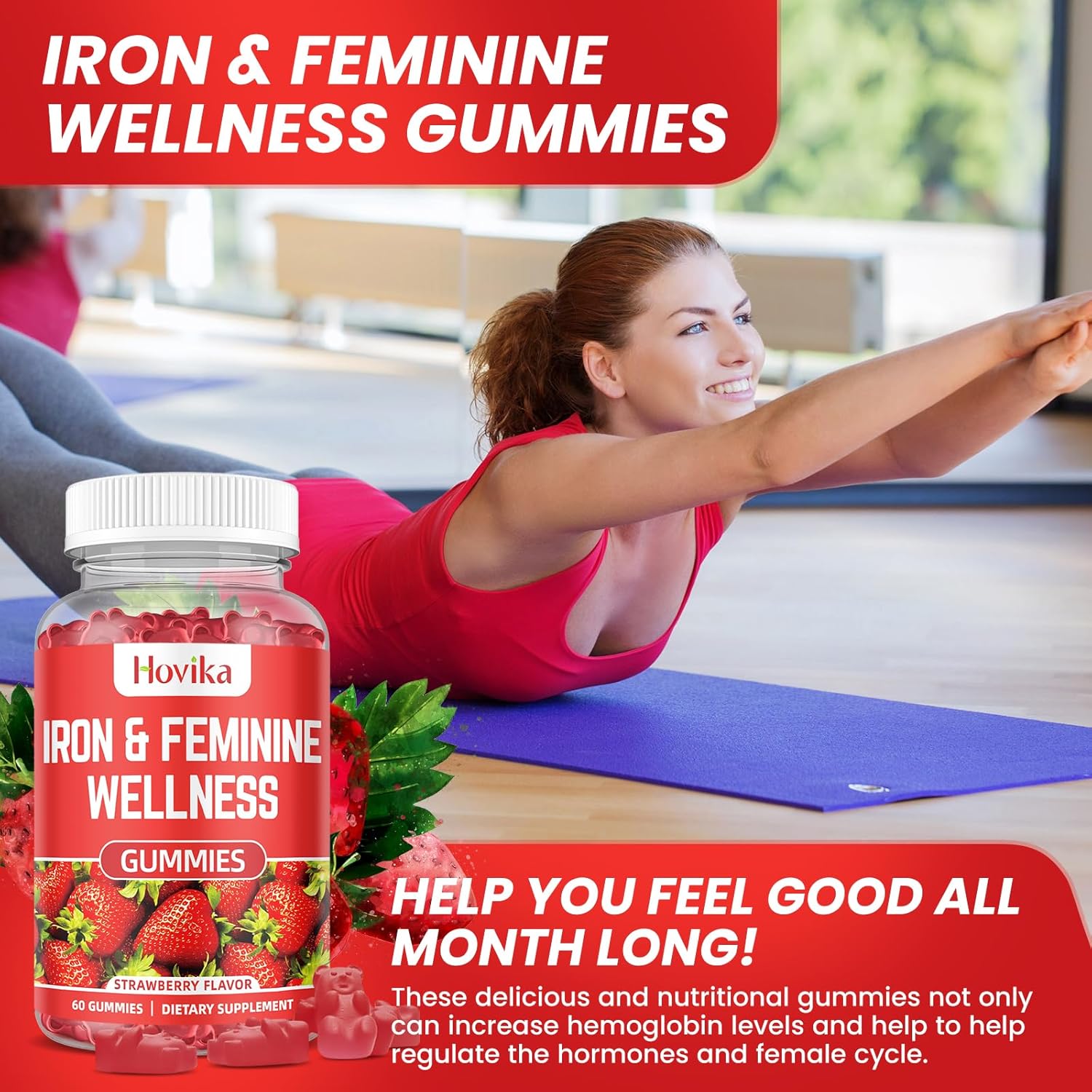 Women's Iron Gummies with Multivitamin - 40mg Iron Supplement for Anemia, Zinc, Selenium, Iodine - Natural PMS Support - Strawberry Flavour - 60 Count