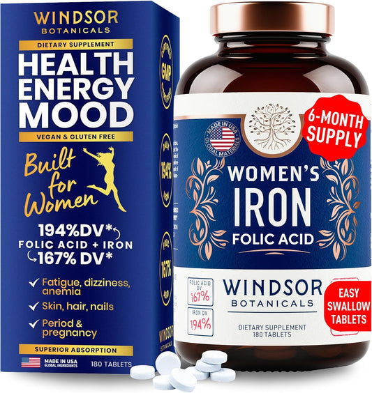 Women's Iron Supplement with Folic Acid - Gentle Iron for Anemia, Period, and Pregnancy Support - 180 Vegan Tablets - BoostGo Australia