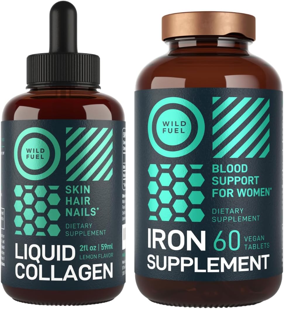 Women's Iron Supplement with Folic Acid, Liquid Collagen Peptides, and Biotin - Health and Beauty Bundle by WILD FUEL