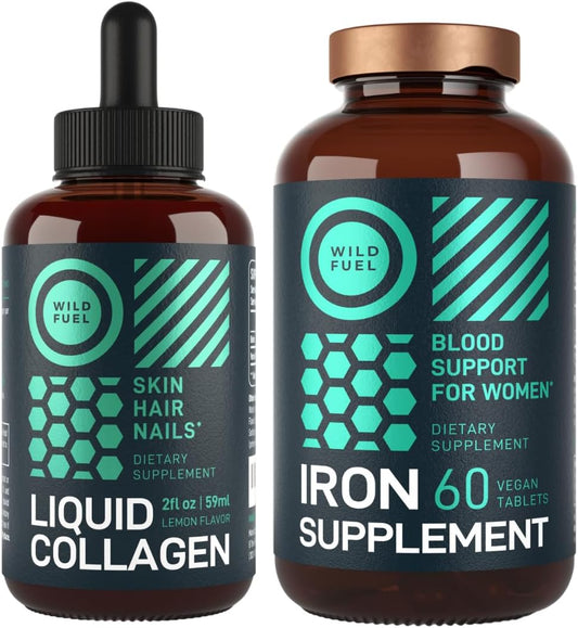 Women's Iron Supplement with Folic Acid, Liquid Collagen Peptides, and Biotin - Health and Beauty Bundle by WILD FUEL