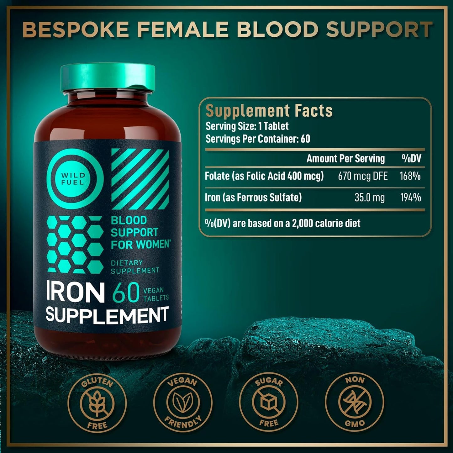 Women's Iron Supplement with Folic Acid, Liquid Collagen Peptides, and Biotin - Health and Beauty Bundle by WILD FUEL