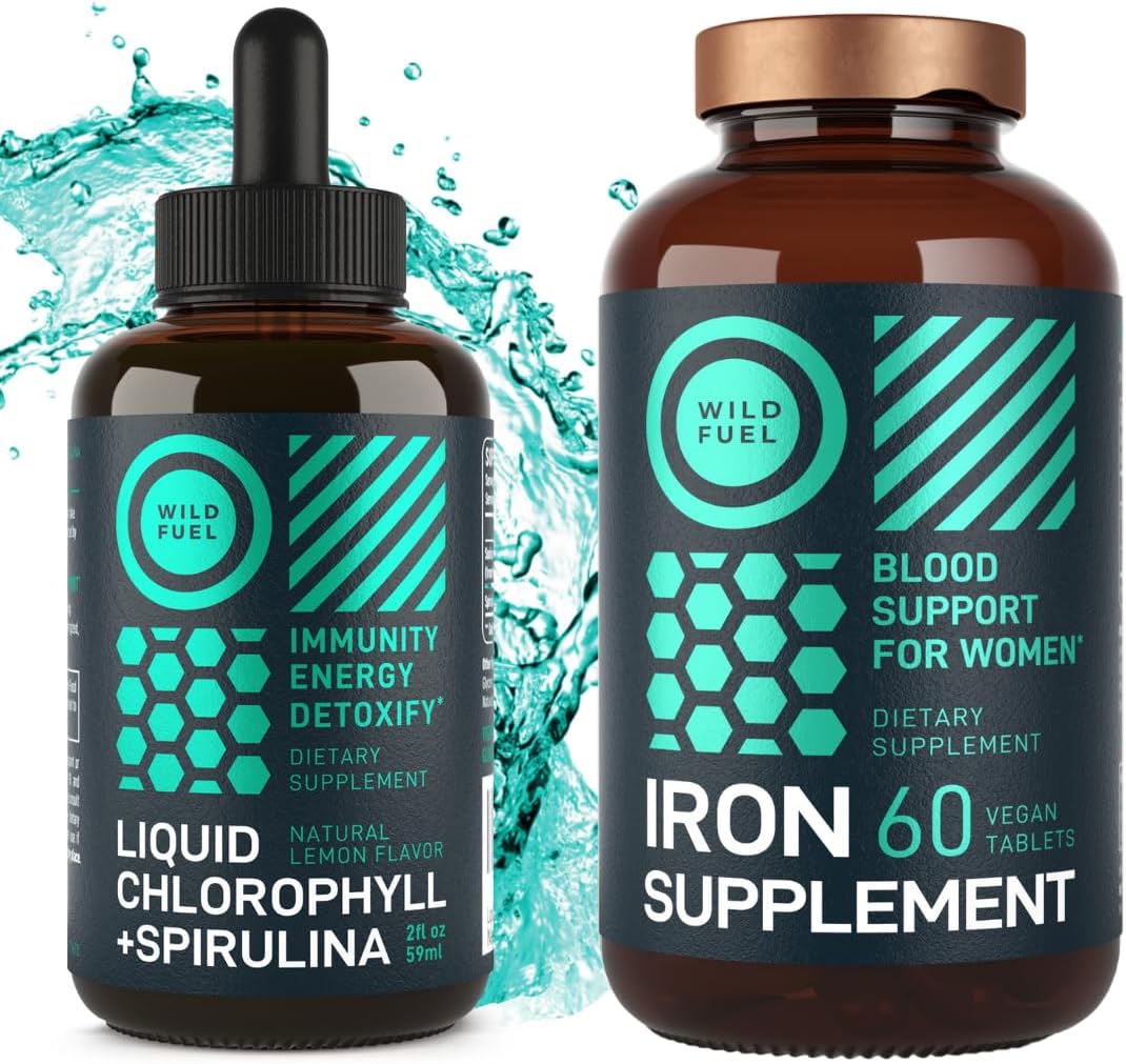 Women's Iron Tablets with Folic Acid, Liquid Chlorophyll, and Spirulina Detox Bundle for Female Health