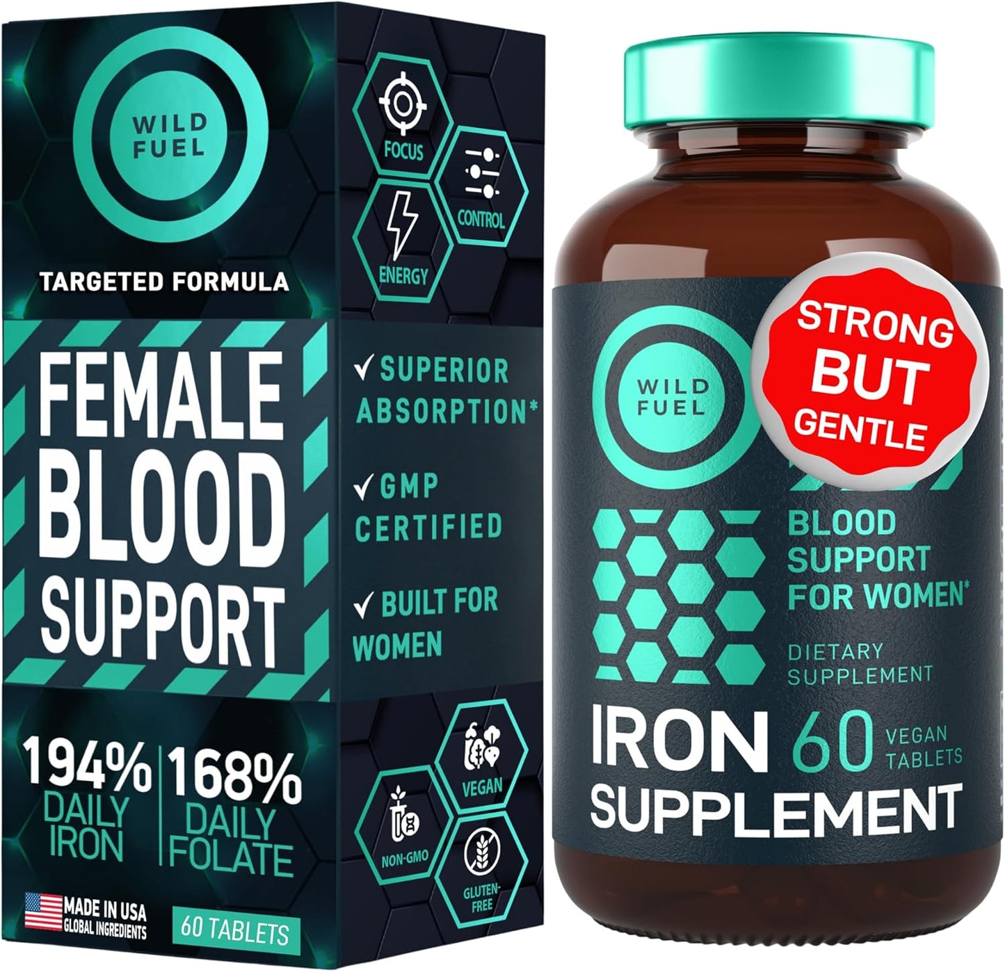 Women's Iron Tablets with Folic Acid, Liquid Chlorophyll, and Spirulina Detox Bundle for Female Health