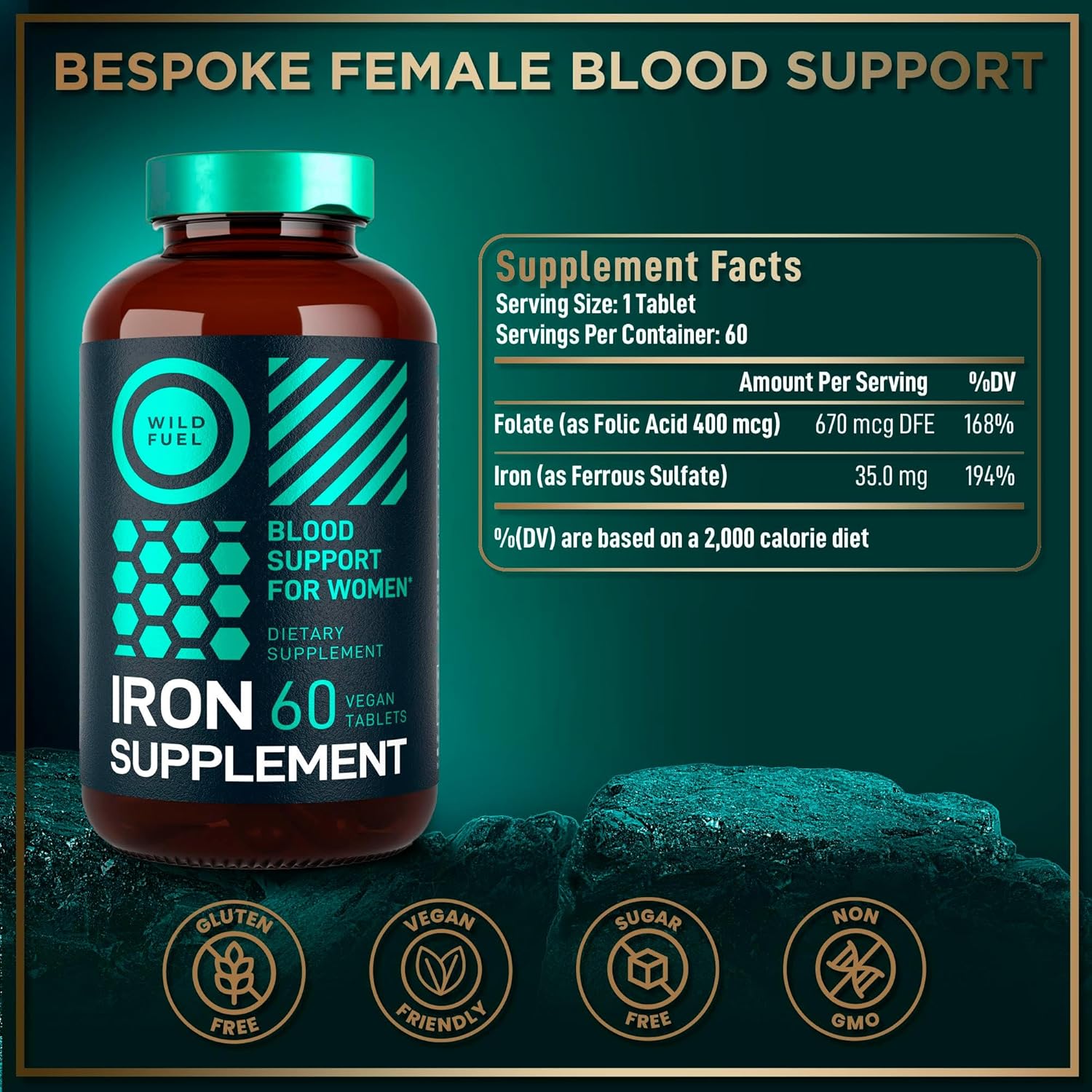 Women's Iron Tablets with Folic Acid, Liquid Chlorophyll, and Spirulina Detox Bundle for Female Health