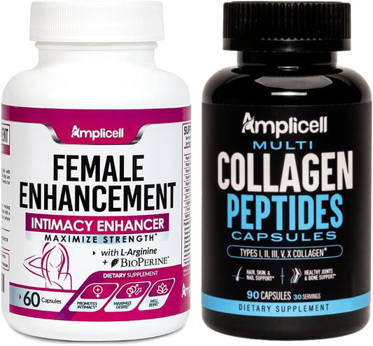 Women's Libido Booster & Multi Collagen Pills - Enhance Hair, Skin & Nails with Hydrolyzed Peptides - AMPLICELL 90Caps