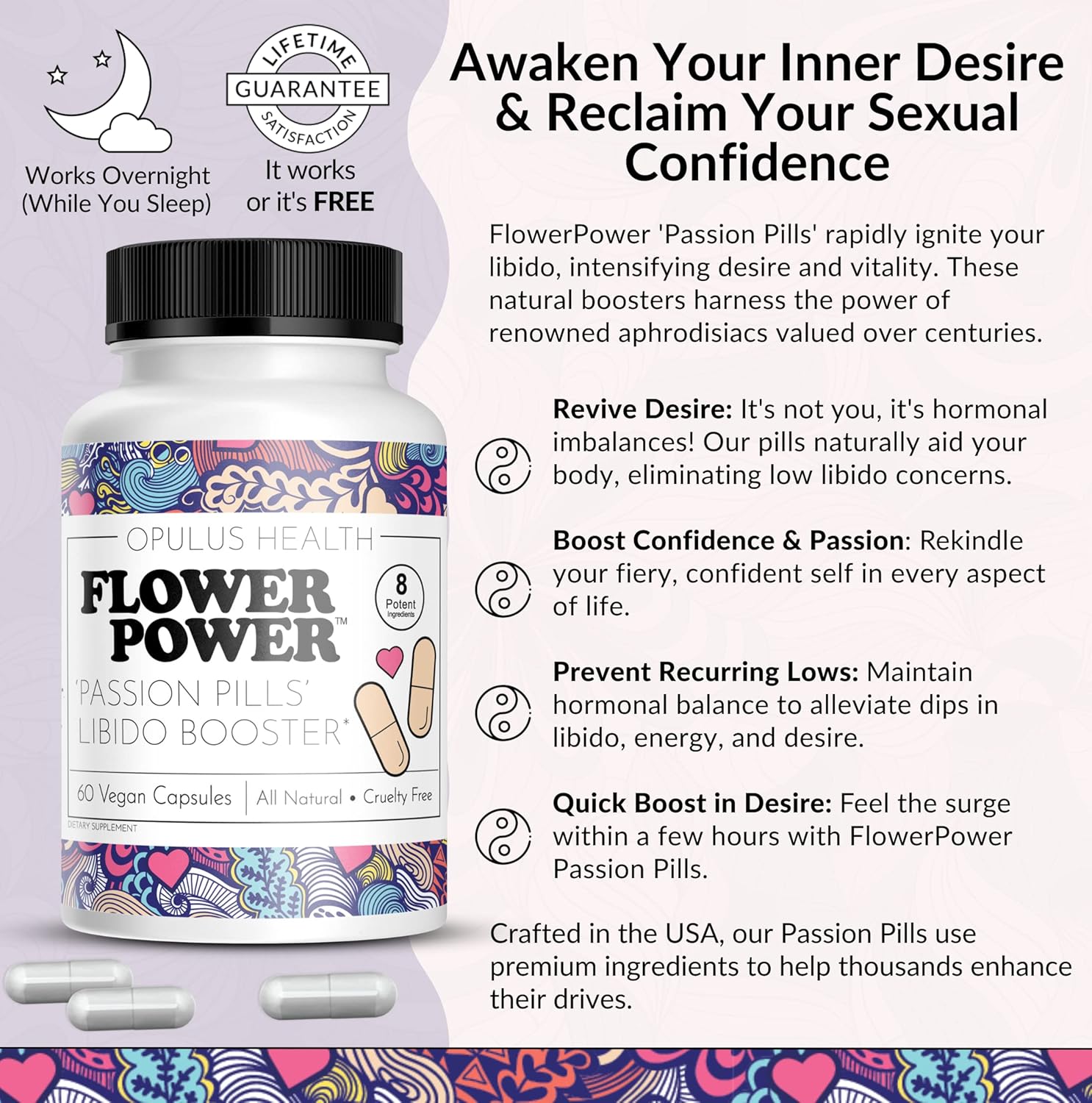 Women's Libido Enhancer Pills - Natural Energy Booster for Women - 60 Vegan Capsules - Flower Power Passion Boost